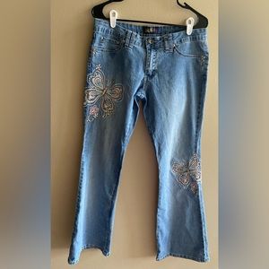 Vintage Y2K Angels Flare Jeans, with rhinestone butterflies and pink stitching